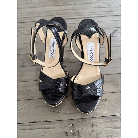 Jimmy Choo Black Croc Embossed Ultimate Wooden Ankle Strap Platform Heels 38.5 - Picture 3 of 12